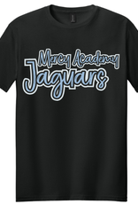 Gildan Black tee Mercy Academy Jaguars fun script in blue tee