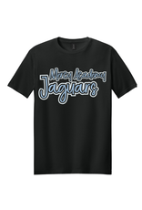 Gildan Black tee Mercy Academy Jaguars fun script in blue tee