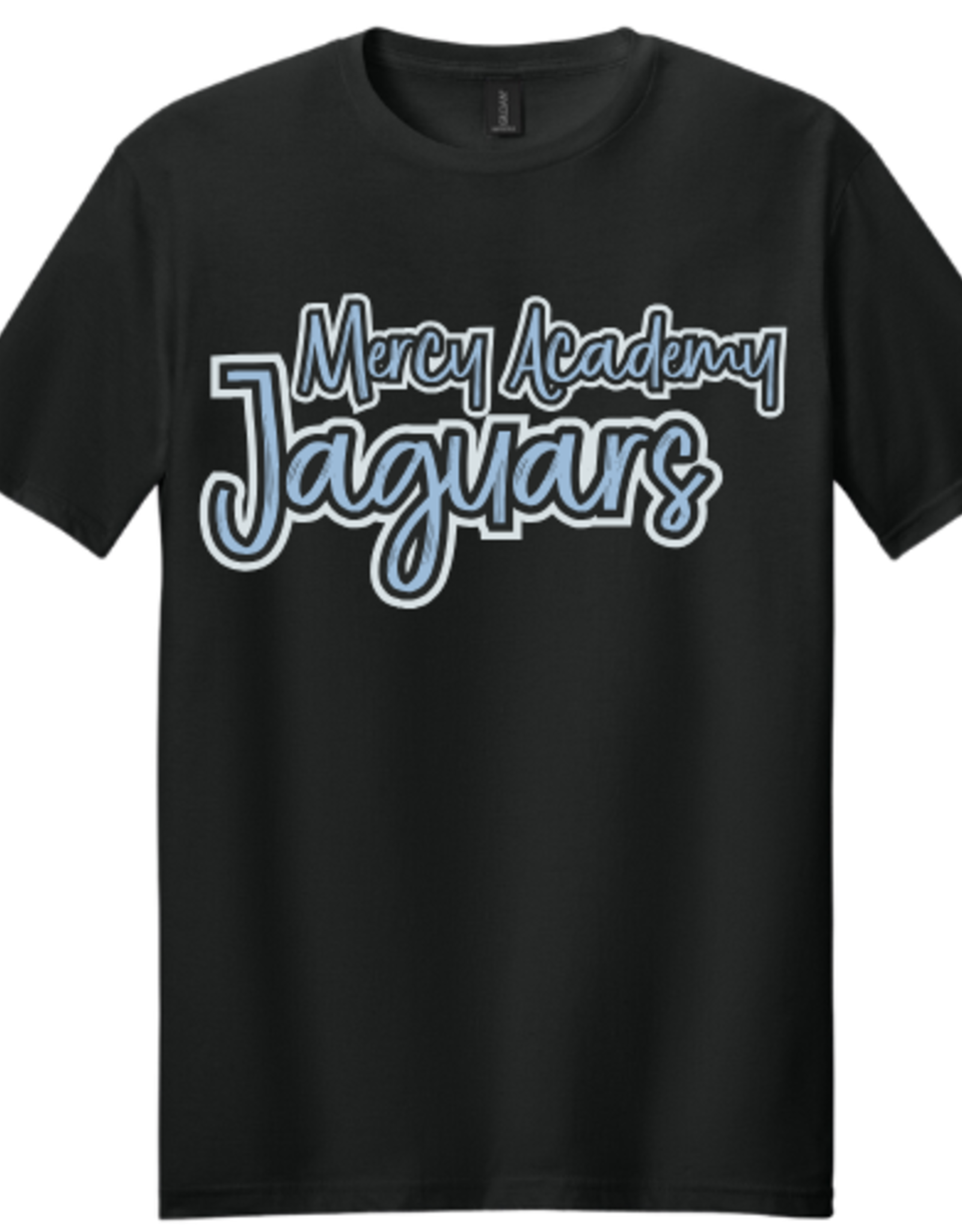 Gildan Black tee Mercy Academy Jaguars fun script in blue tee