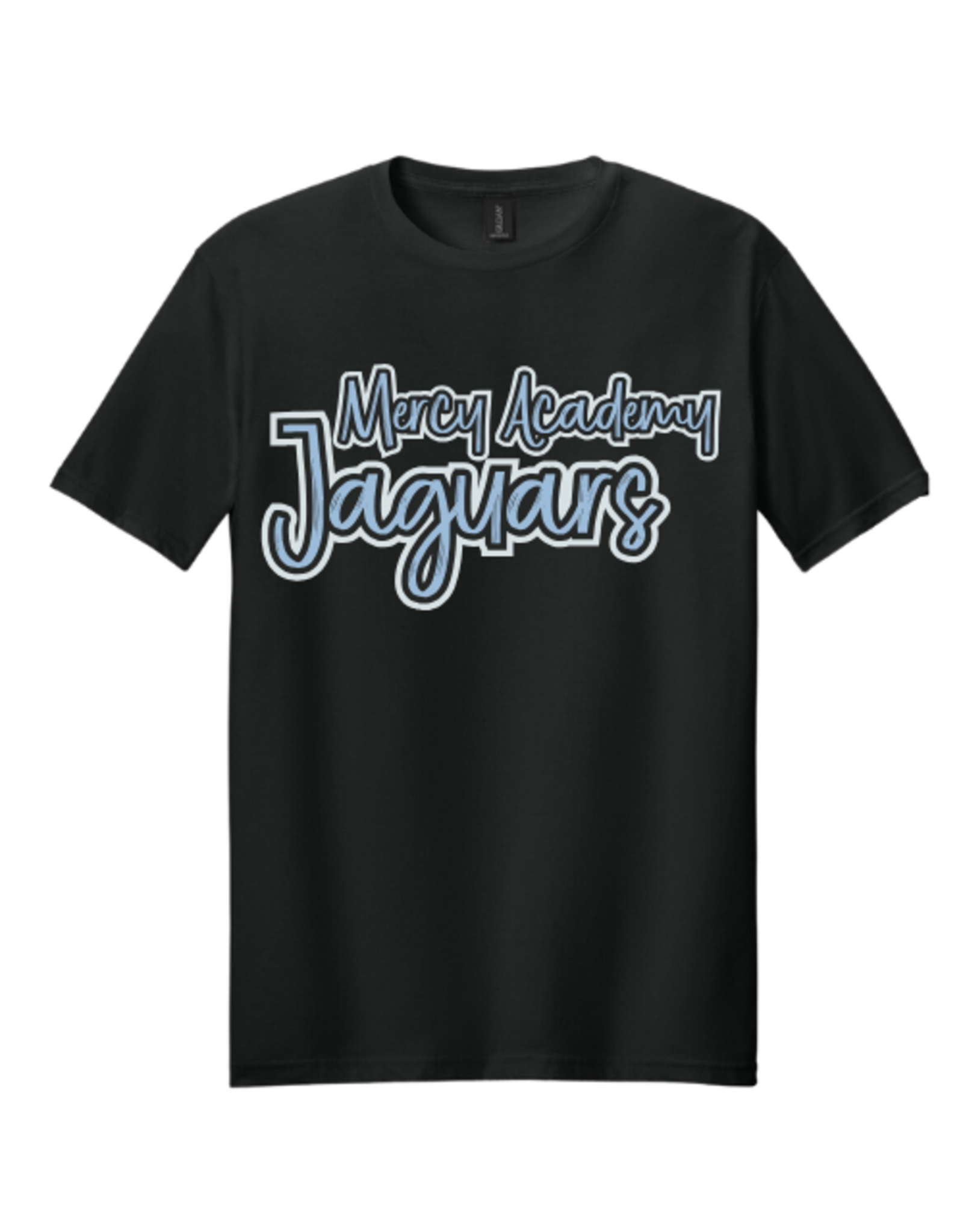 Gildan Black tee Mercy Academy Jaguars fun script in blue tee
