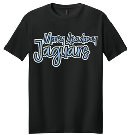 Gildan Black tee Mercy Academy Jaguars fun script in blue tee