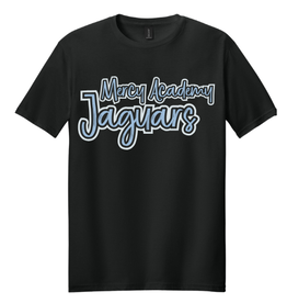 Gildan Black tee Mercy Academy Jaguars fun script in blue tee