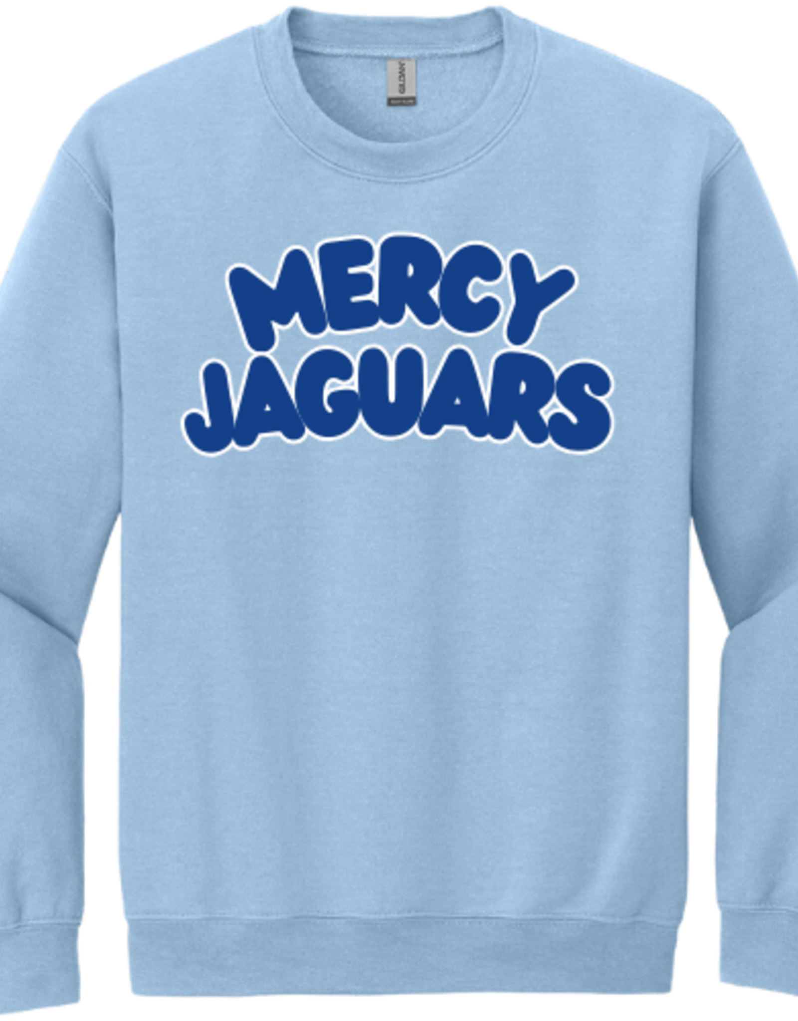 Gildan Lt Blu crewneck MERCY JAGUARS Navy Bubble Letters