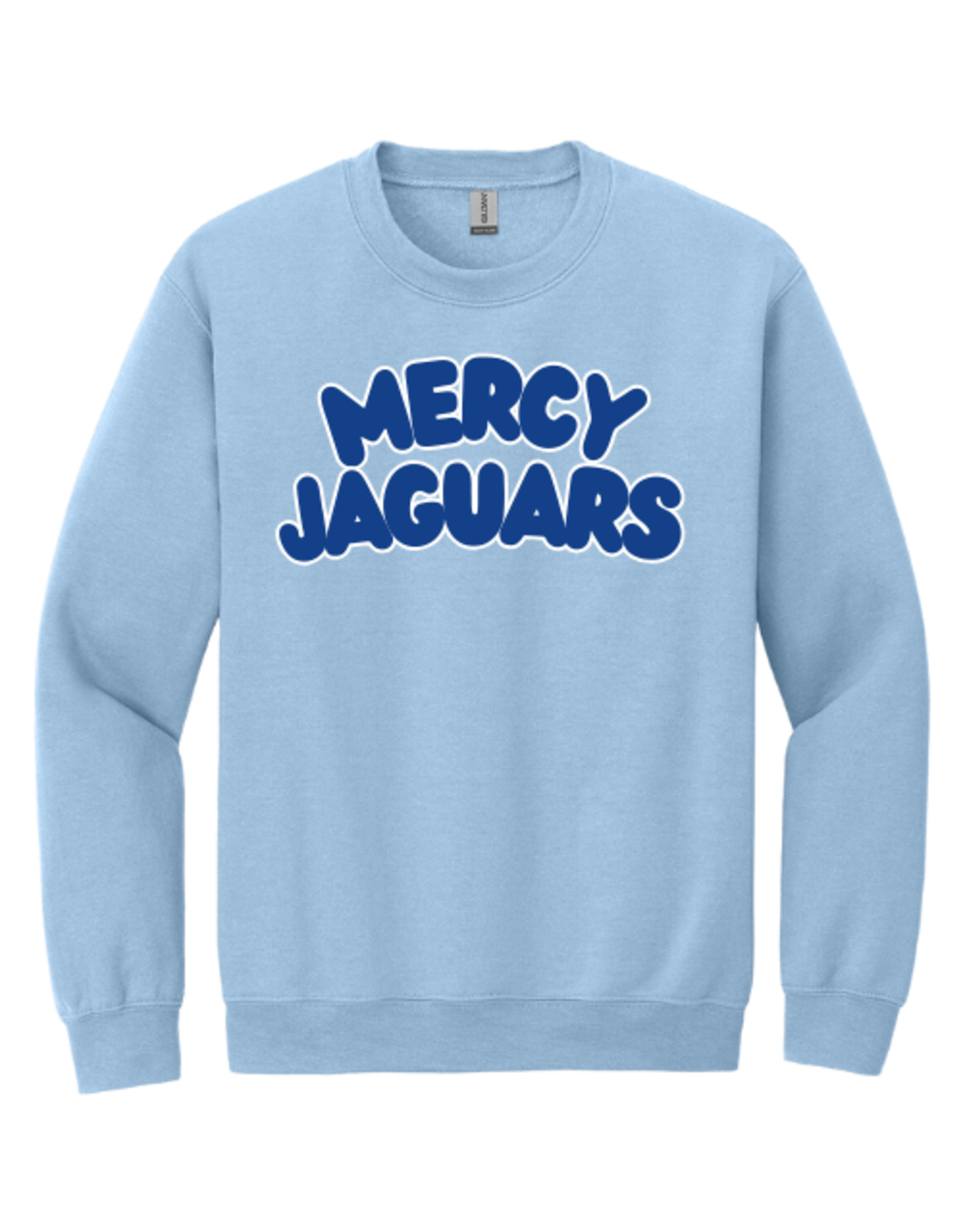 Gildan Lt Blu crewneck MERCY JAGUARS Navy Bubble Letters