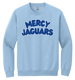 Gildan Lt Blu crewneck MERCY JAGUARS Navy Bubble Letters