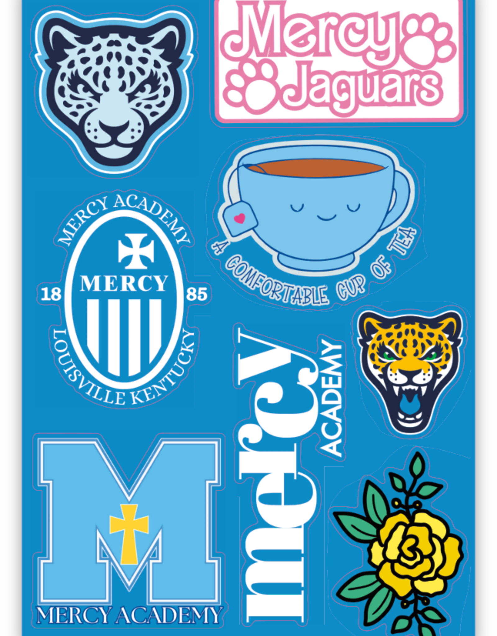 Mercy teacup, rose, crest Sticker Sheet Blue Background
