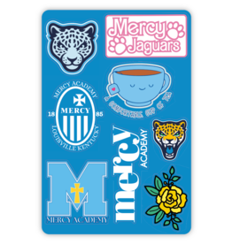 Mercy teacup, rose, crest Sticker Sheet Blue Background
