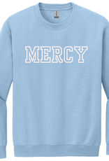Gildan Light Blue Crewneck with "MERCY" White embroidery