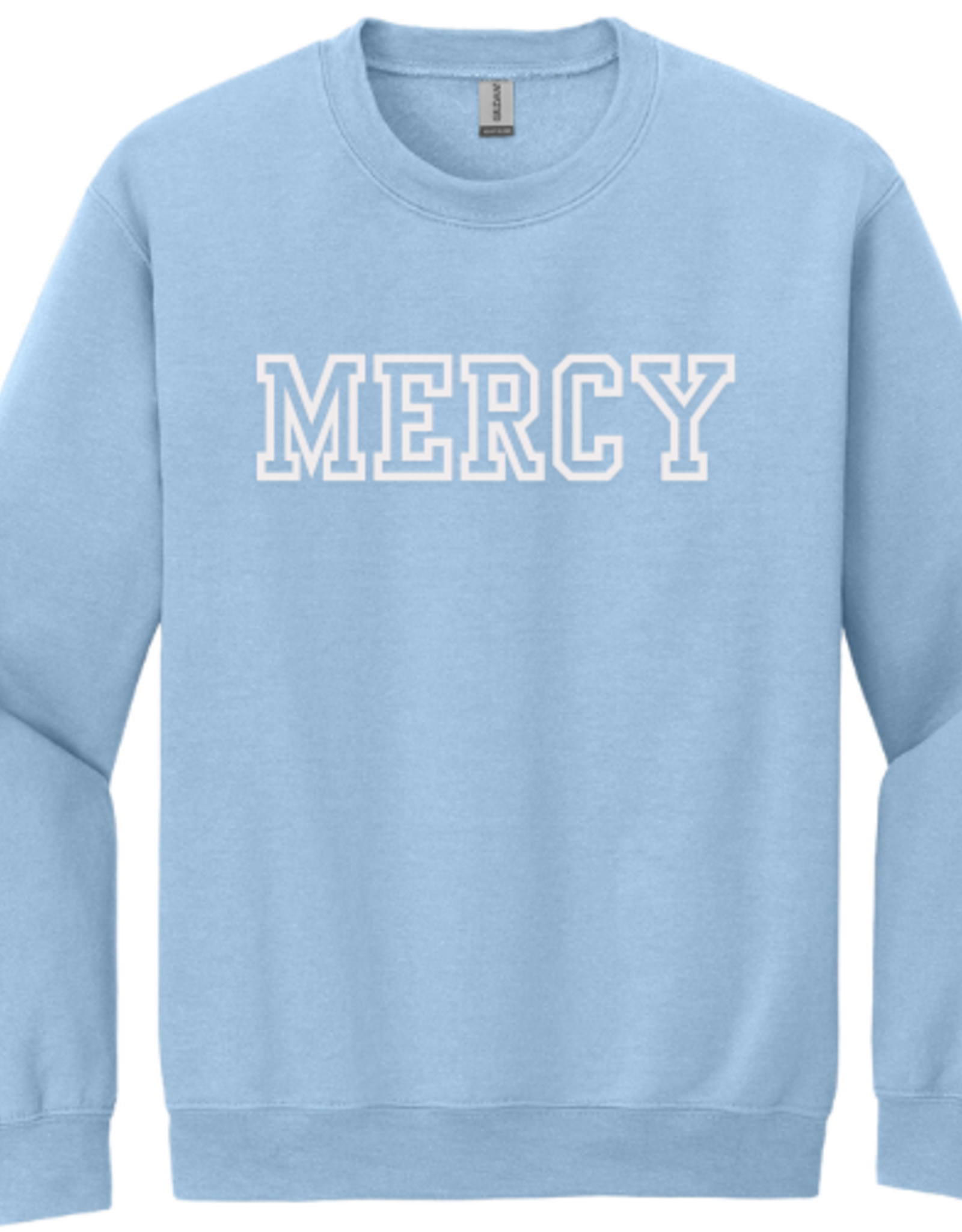 Gildan Light Blue Crewneck with "MERCY" White embroidery