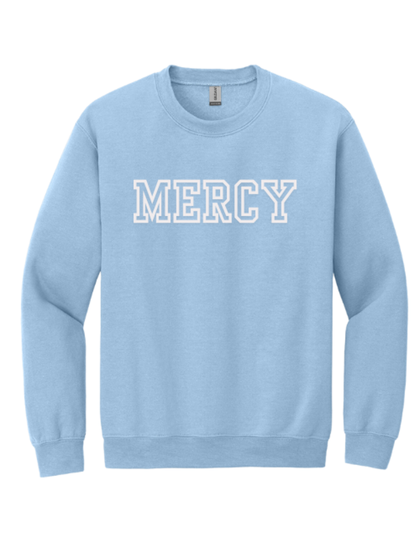Gildan Light Blue Crewneck with "MERCY" White embroidery