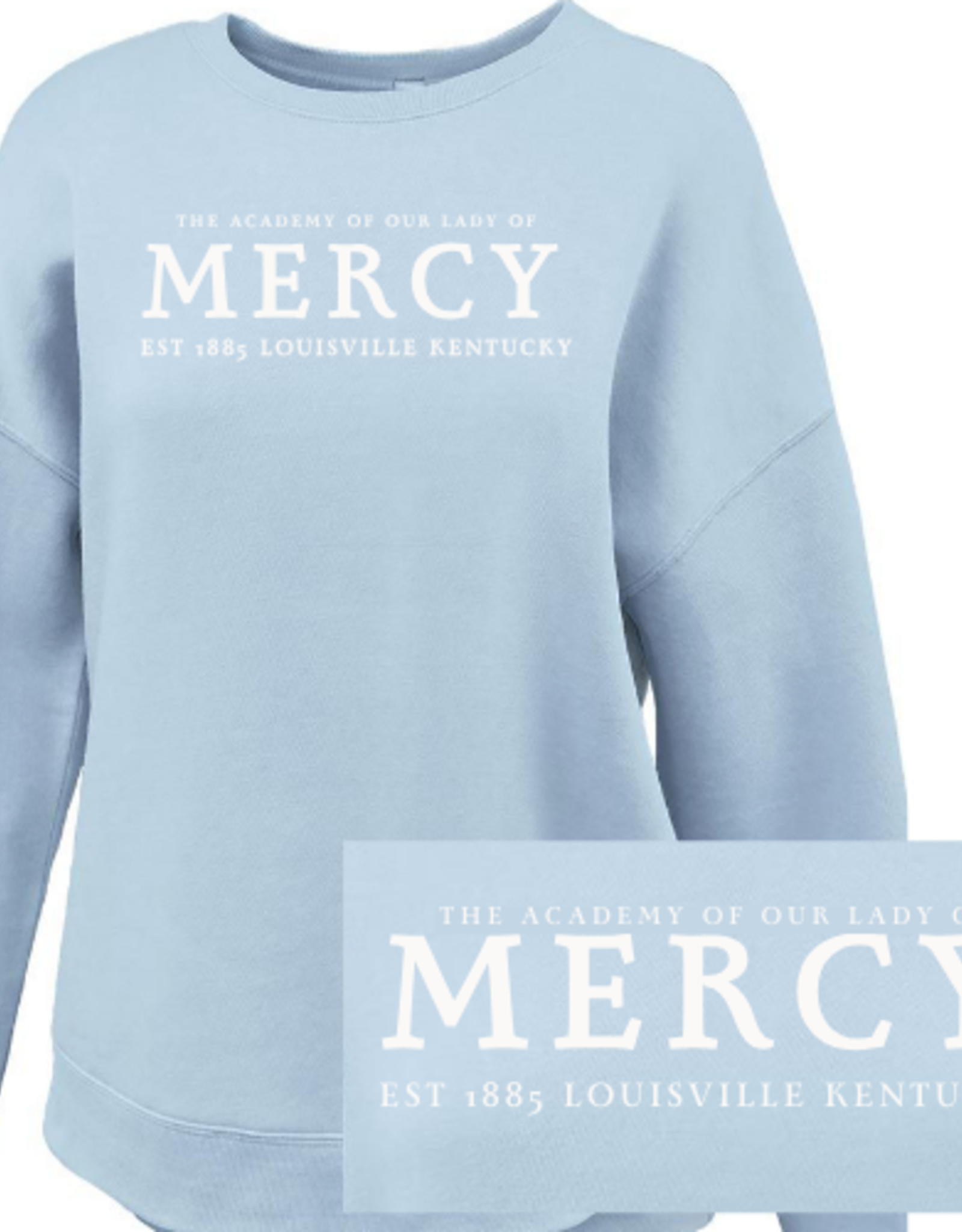 Pennant Light Blue Embroidered "ACADEMY OF OUR LADY OF MERCY ACADEMY" Curved Bottom Crew