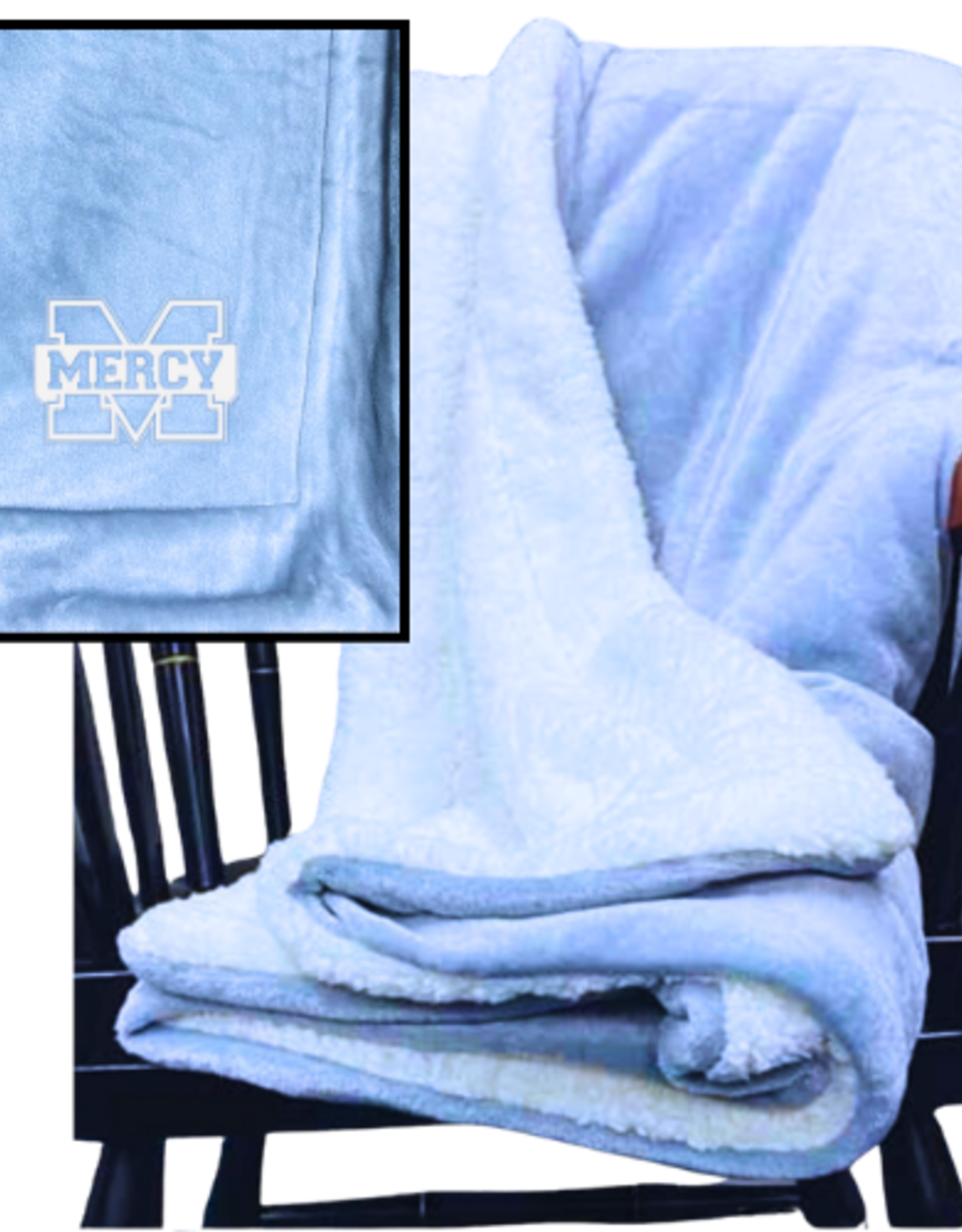 Jardine Associates Baby Blue Cozy Sherpa Blanket with White Embroidered POWER M