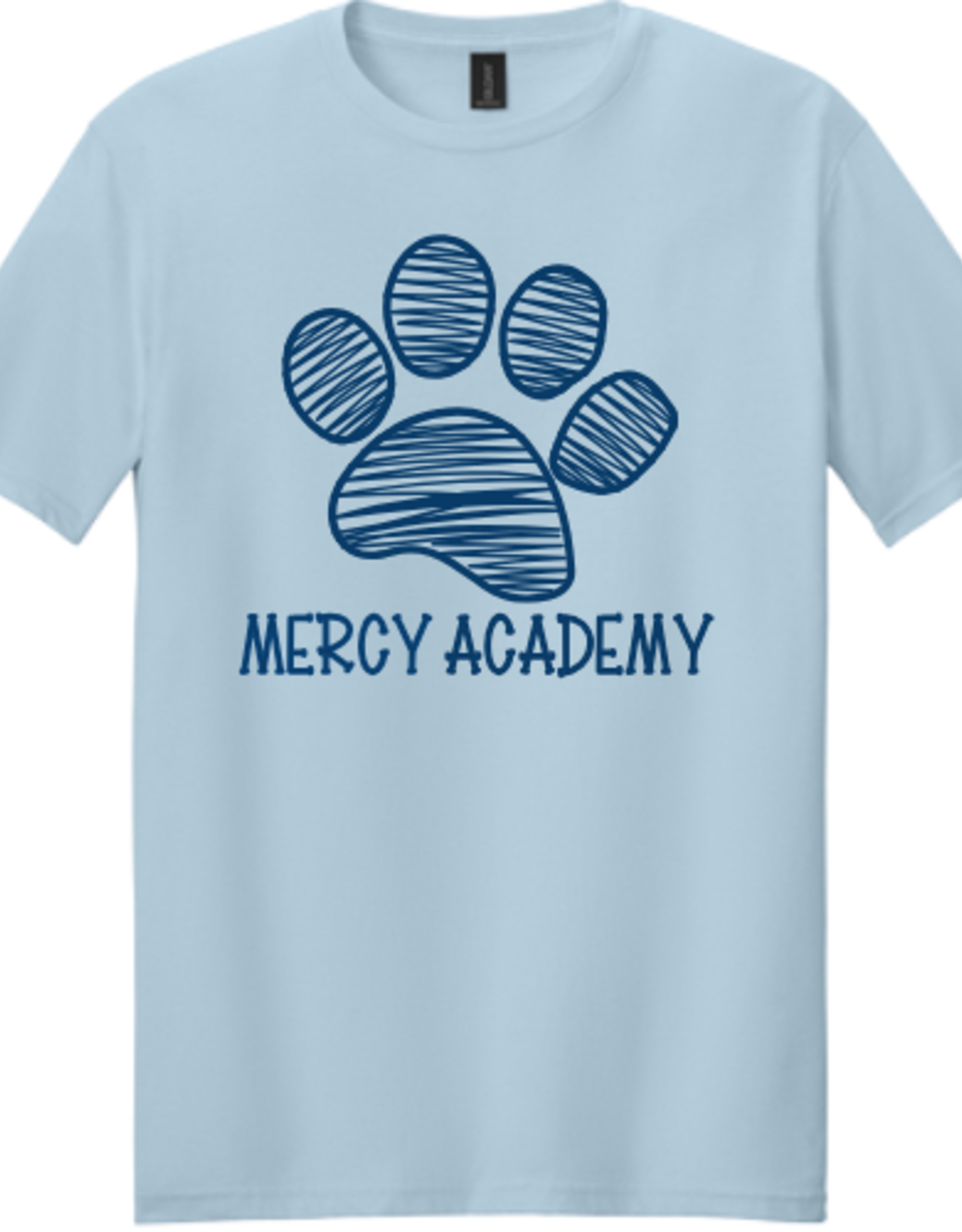 Gildan YOUTH Light Blue Mercy Academy Tee with Navy Blue Paw Print