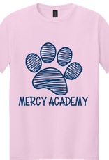 Gildan YOUTH Pink Mercy Academy Tee with Navy Blue Paw Print