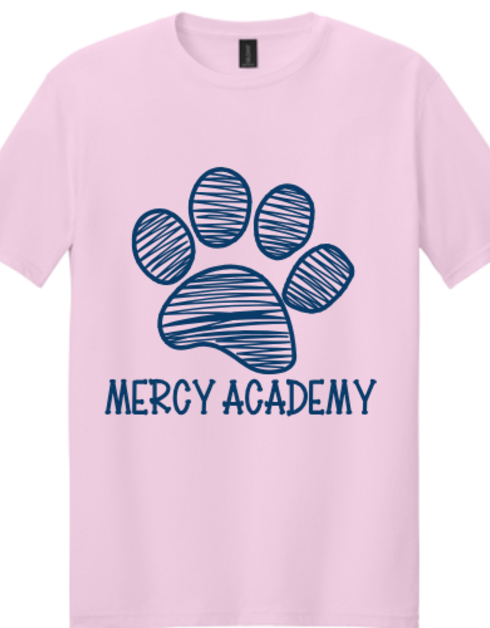 Gildan YOUTH Pink Mercy Academy Tee with Navy Blue Paw Print