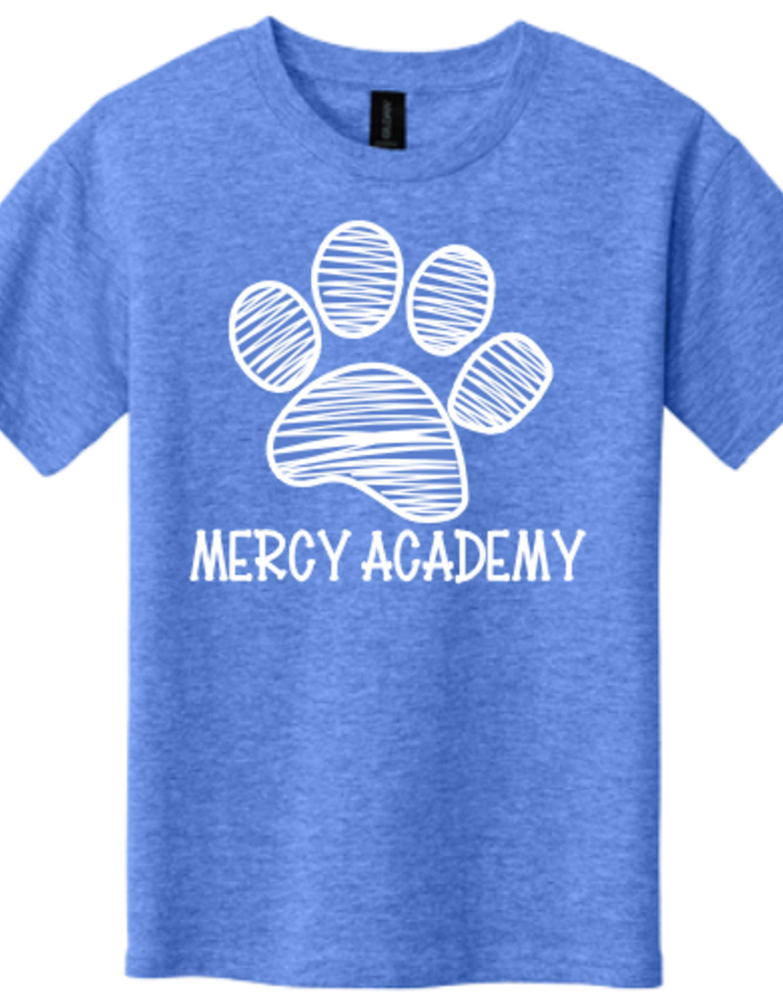 Gildan YOUTH Heather Blue Mercy Academy Tee with  White Paw Print