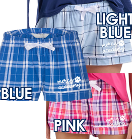 boxercraft Women's Plaid Pajama Shorts Mercy Academy paw script