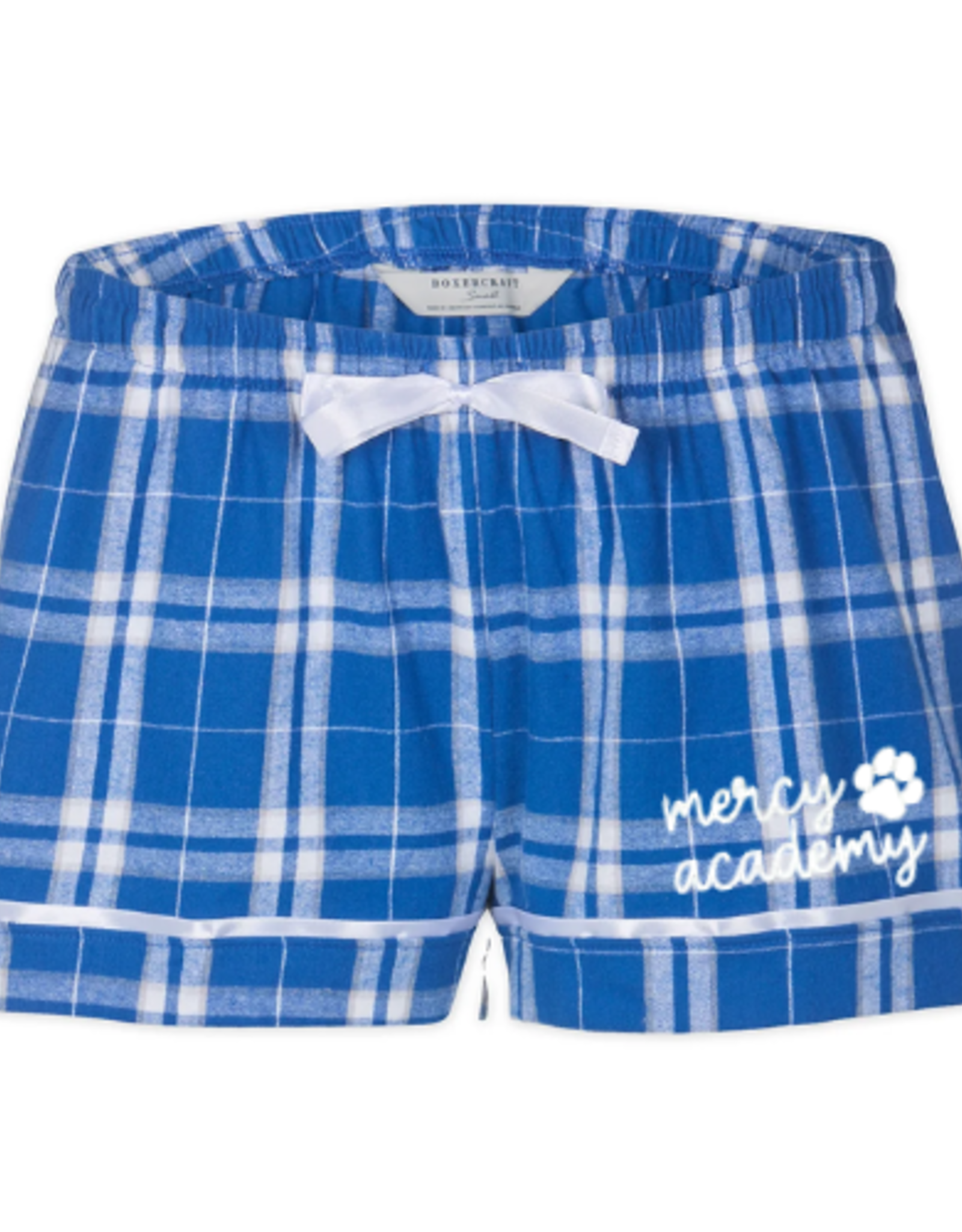 boxercraft Women's Plaid Pajama Shorts Mercy Academy paw script