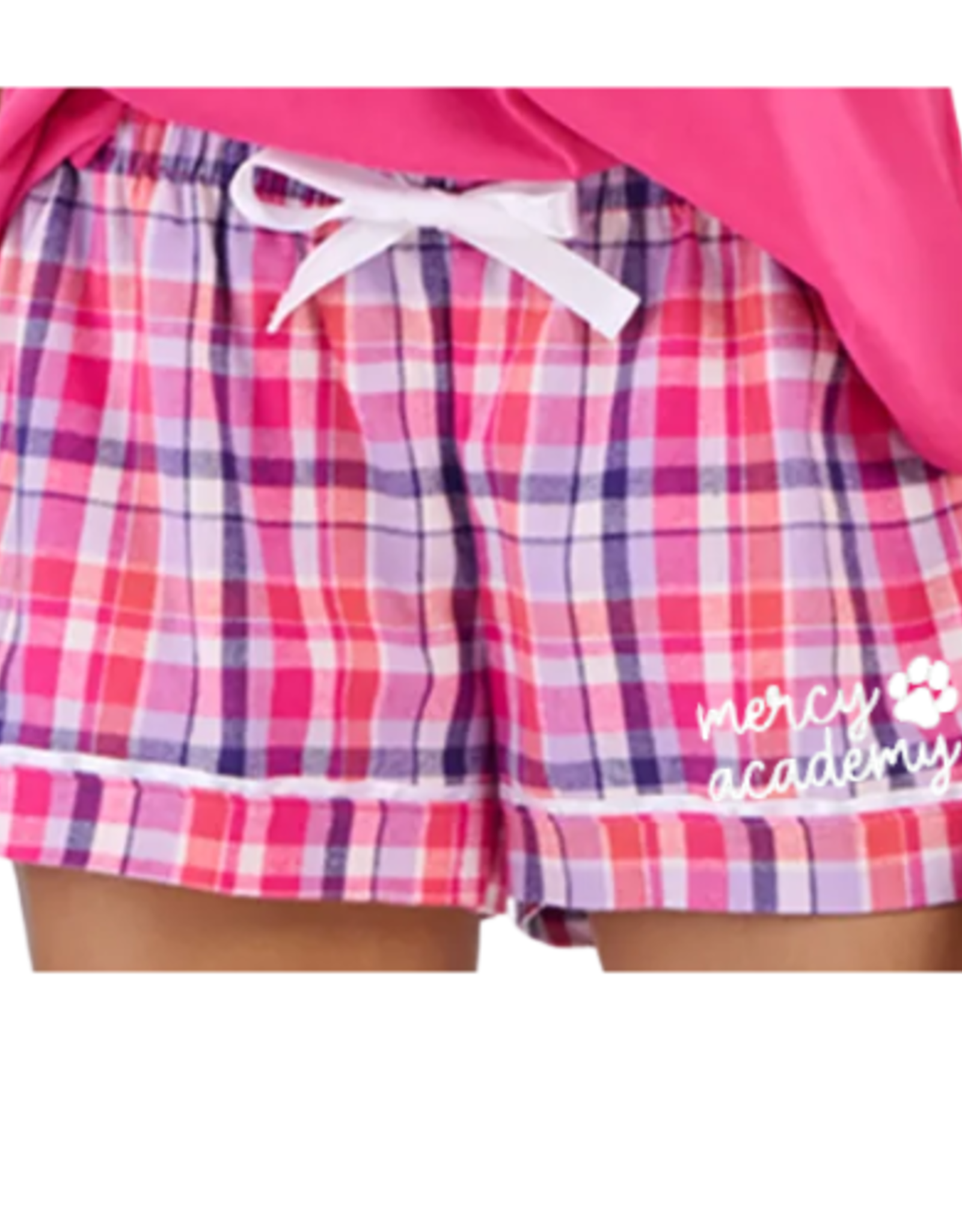 boxercraft Women's Plaid Pajama Shorts Mercy Academy paw script