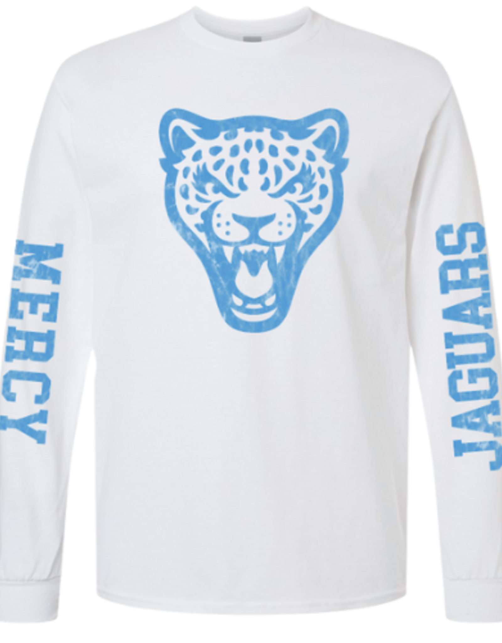 Gildan White Longsleeve Distressed Jag Head Tee MERCY JAGUARS on sleeves