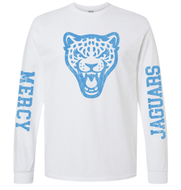 Gildan White Longsleeve Distressed Jag Head Tee MERCY JAGUARS on sleeves