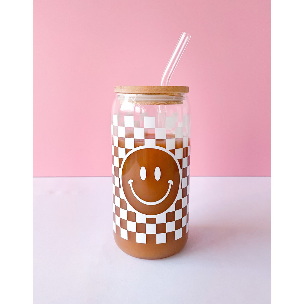 Checkered Smiley Beer Can Glass
