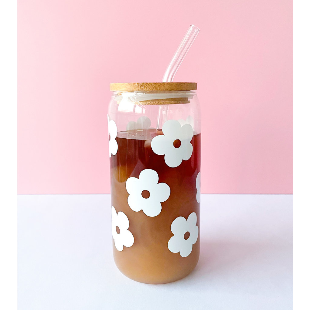 White Floral Beer Can Glass