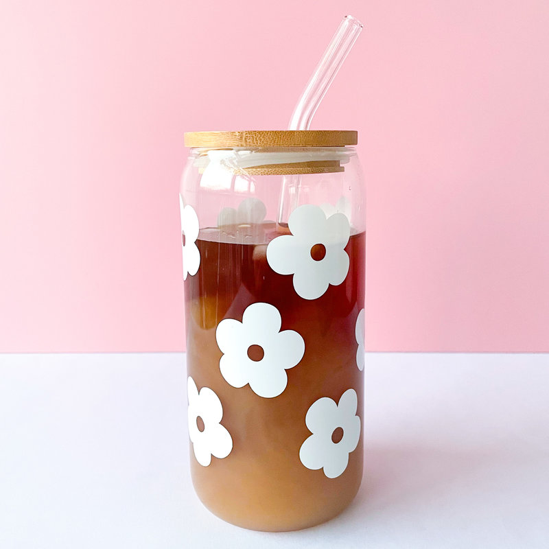 White Floral Beer Can Glass
