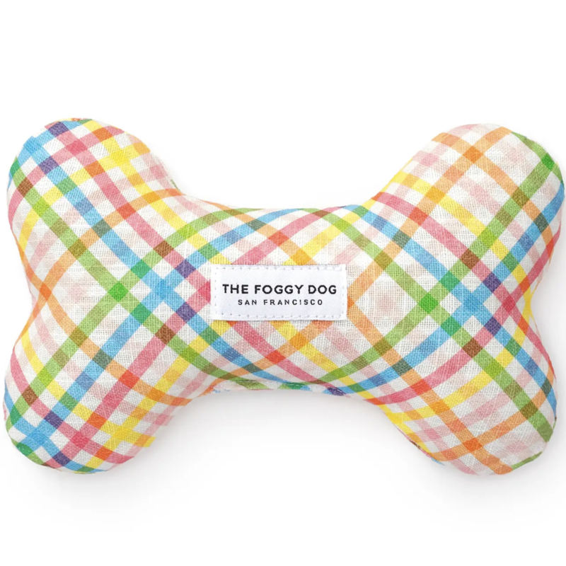 Rainbow Gingham Squeaky Bone Toy