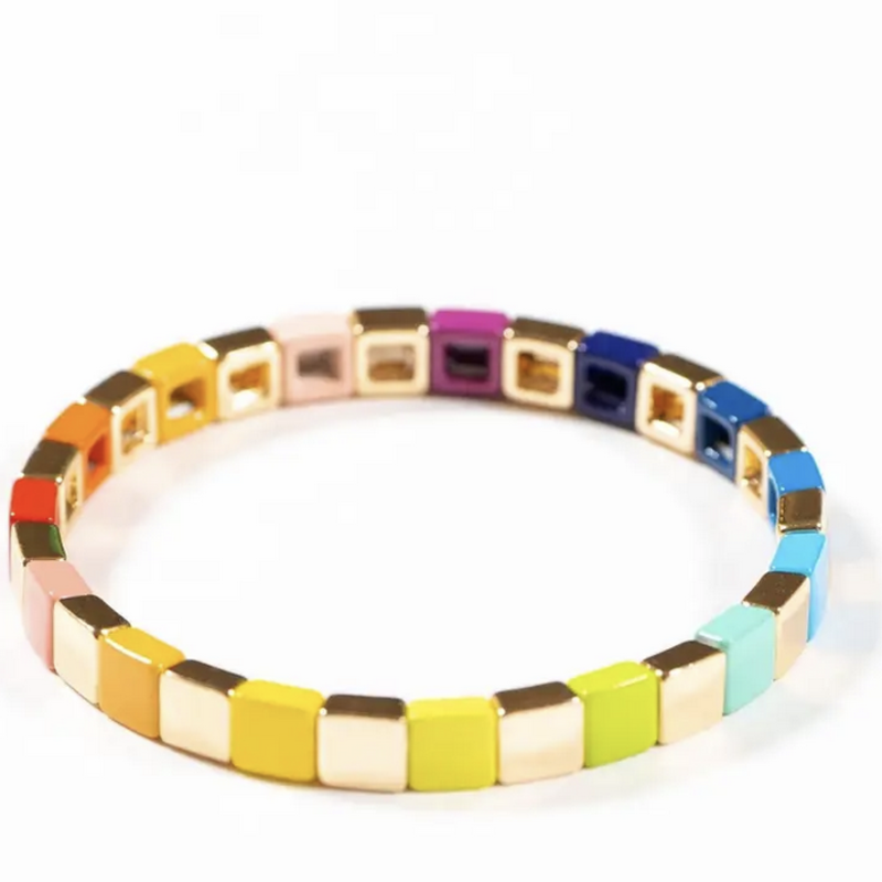 Rainbow & Gold Spaced Stretch Bracelet