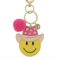 Hot Pink Pom Happy Face Keychain