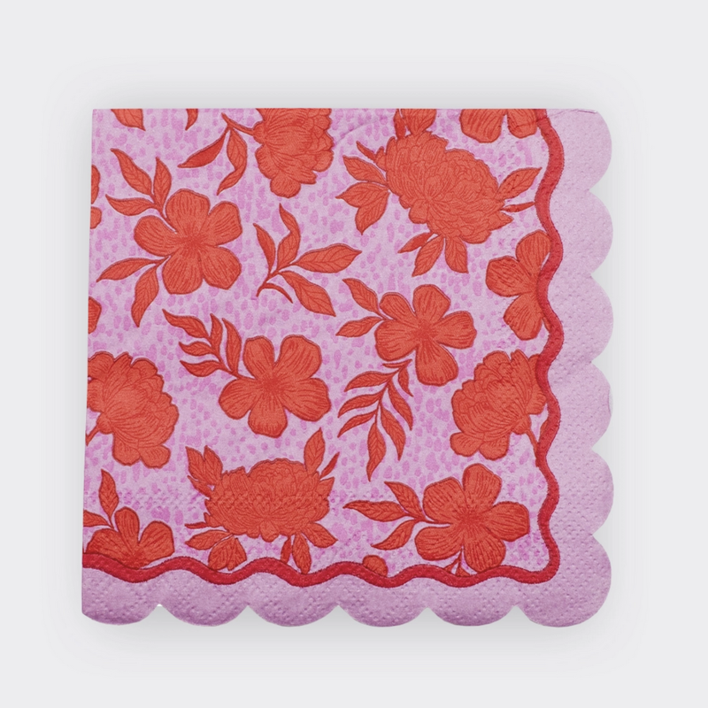 Line and Dot Floral Pink, Red Beverage Paper Napkin