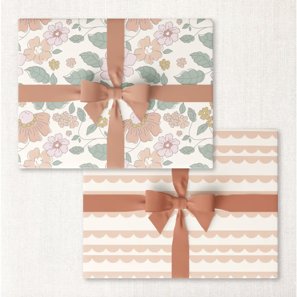 Roll of 3 Umbrella Floral + Peach Scallops Double-Sided Wrap