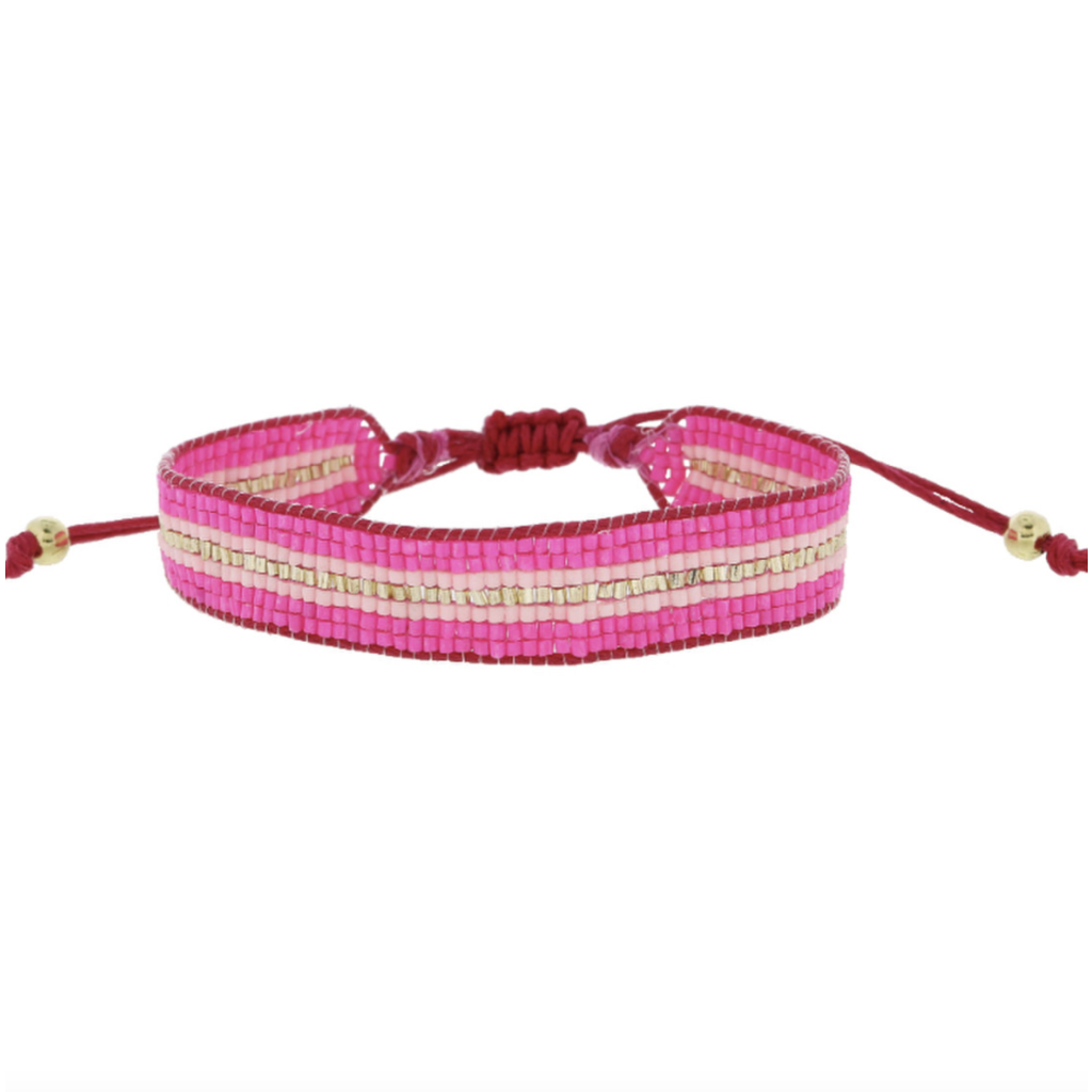 Gold Stripe Hot Pink Light Pink Beaded Bracelet