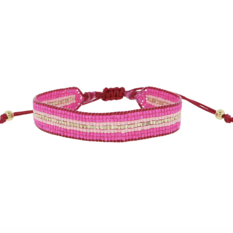 Gold Stripe Hot Pink Light Pink Beaded Bracelet