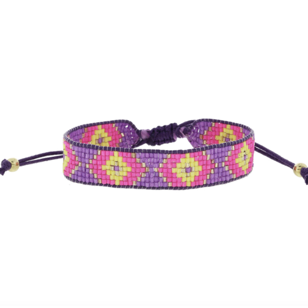 Purple Hot Pink Lime Woven Beaded Bracelet