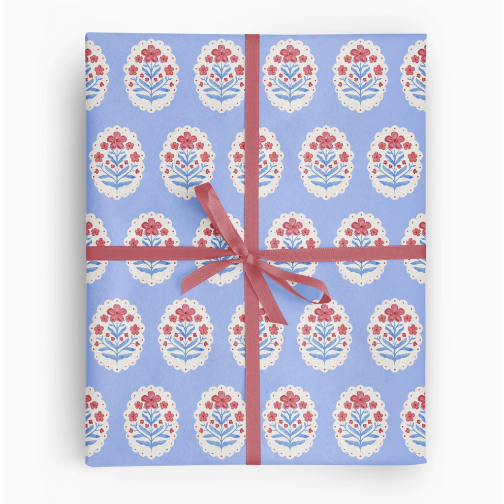 Red White & Blue Cameo Floral Botanical Wrapping Paper