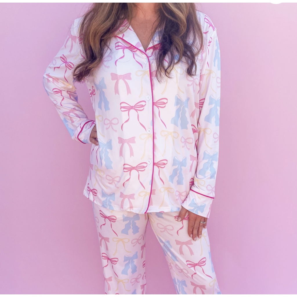 Pink Pastel Bows Long Sleeve Pajams Set