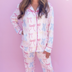 Pink Pastel Bows Long Sleeve Pajams Set