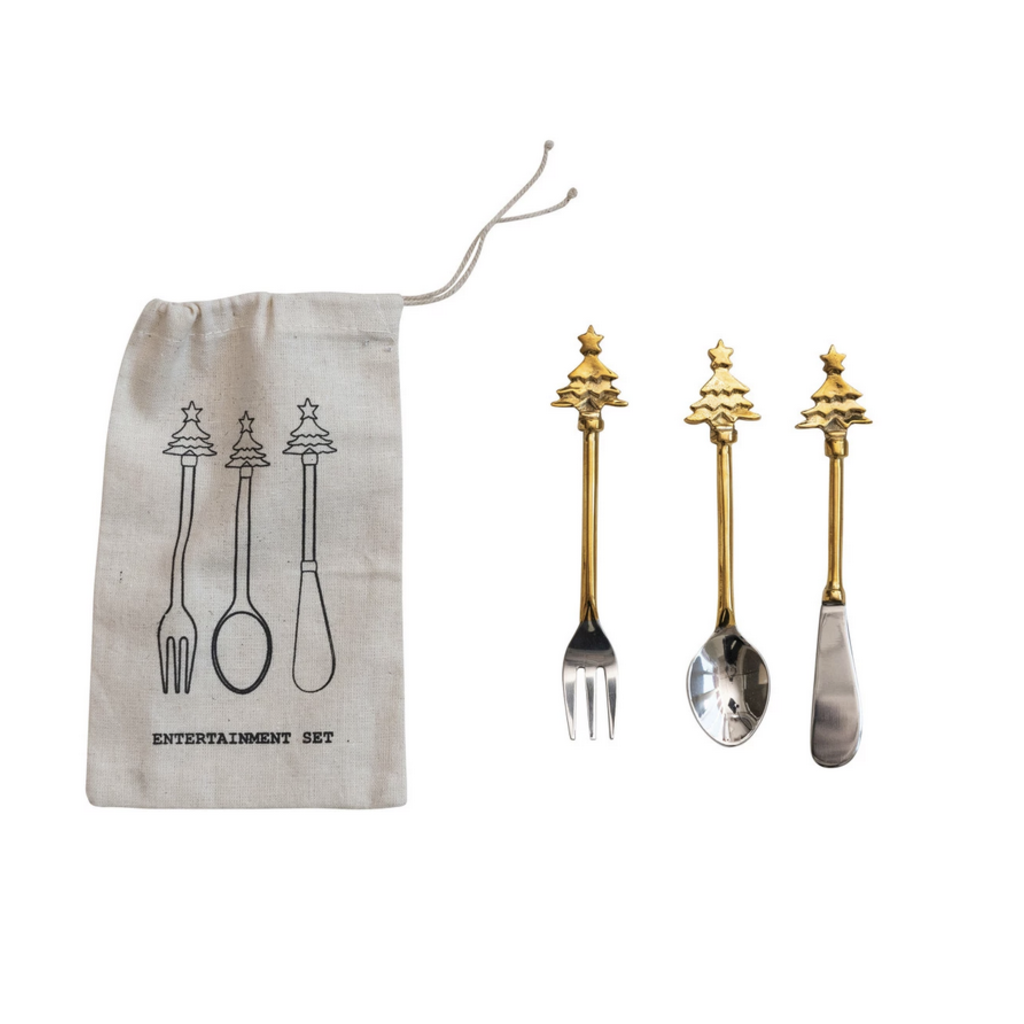 Set of 3 - Brass & Stainless Steel Utensils w Christmas Tree Handles