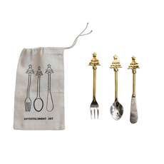 Set of 3 - Brass & Stainless Steel Utensils w Christmas Tree Handles