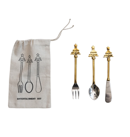 Set of 3 - Brass & Stainless Steel Utensils w Christmas Tree Handles