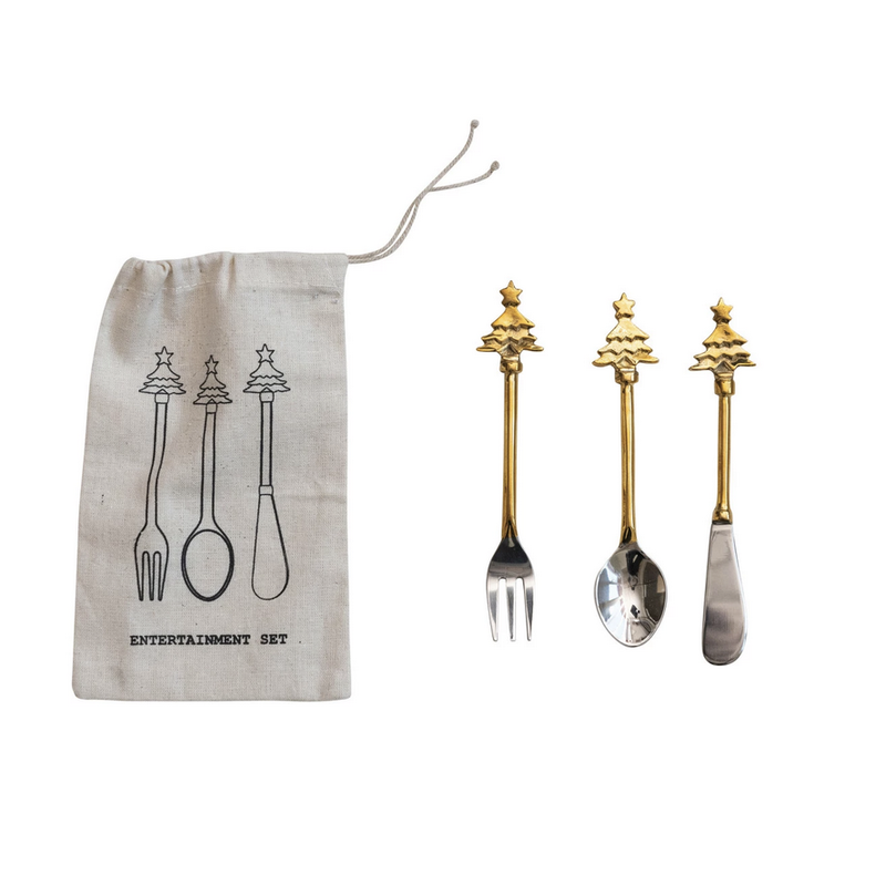 Set of 3 - Brass & Stainless Steel Utensils w Christmas Tree Handles