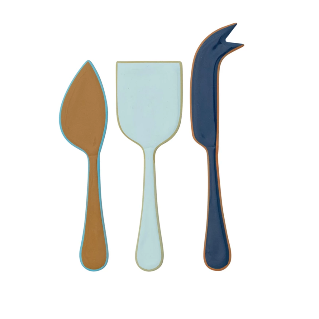 Blue Set of 3 - Enameled Stainless Steel Cheese Knives with Colored Edge