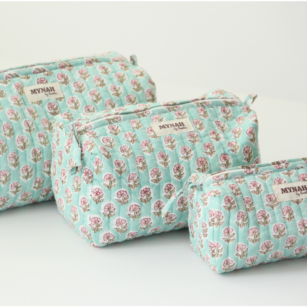 Large Mint Floral Print Travel Makeup Bag