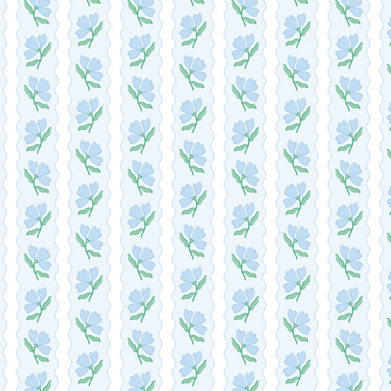 Blue Flower Wavy Stripe Wrapping Paper - Roll of 3 Sheets