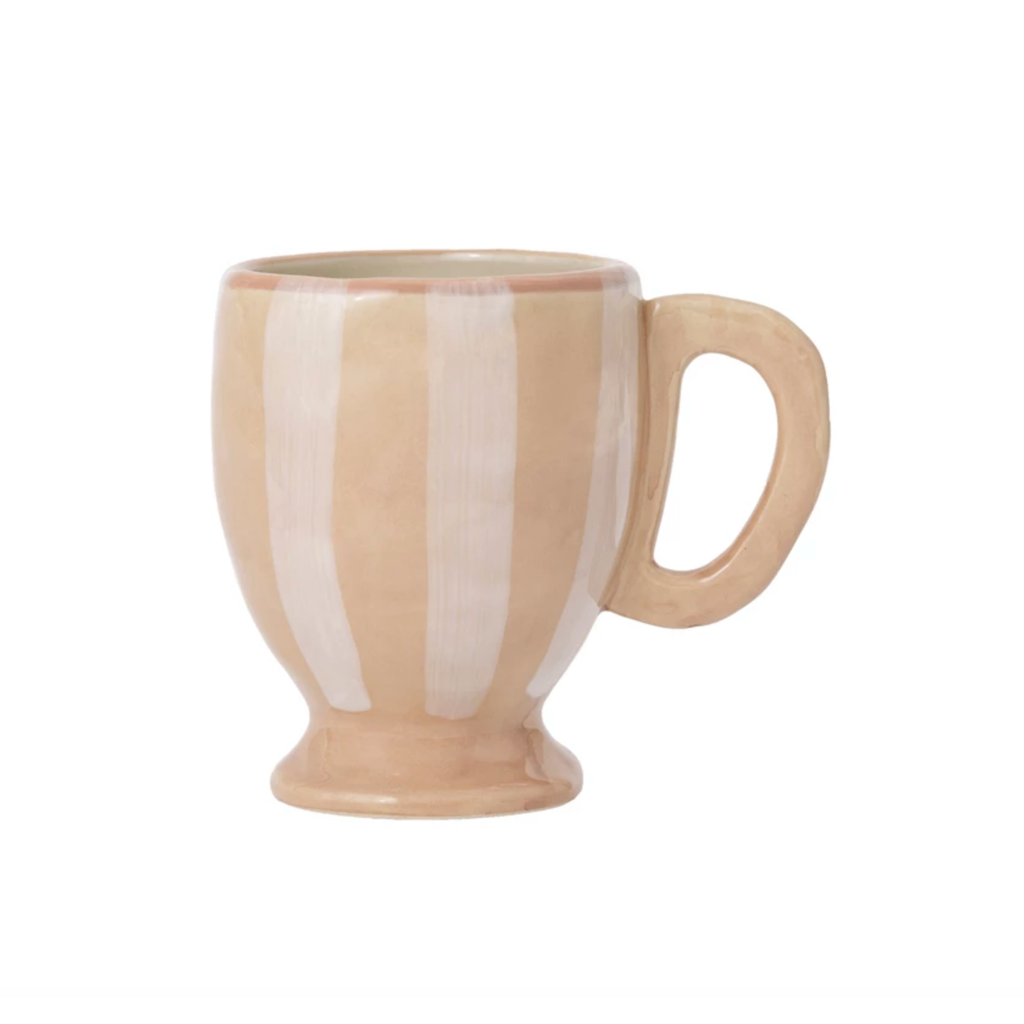 14 oz Hand-Painted Stoneware Footed Mug w/ Stripes, White & Tan Color