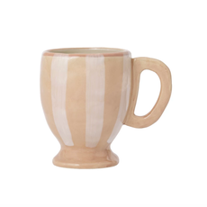 14 oz Hand-Painted Stoneware Footed Mug w/ Stripes, White & Tan Color
