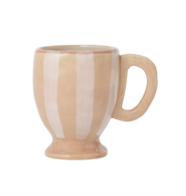 14 oz Hand-Painted Stoneware Footed Mug w/ Stripes, White & Tan Color
