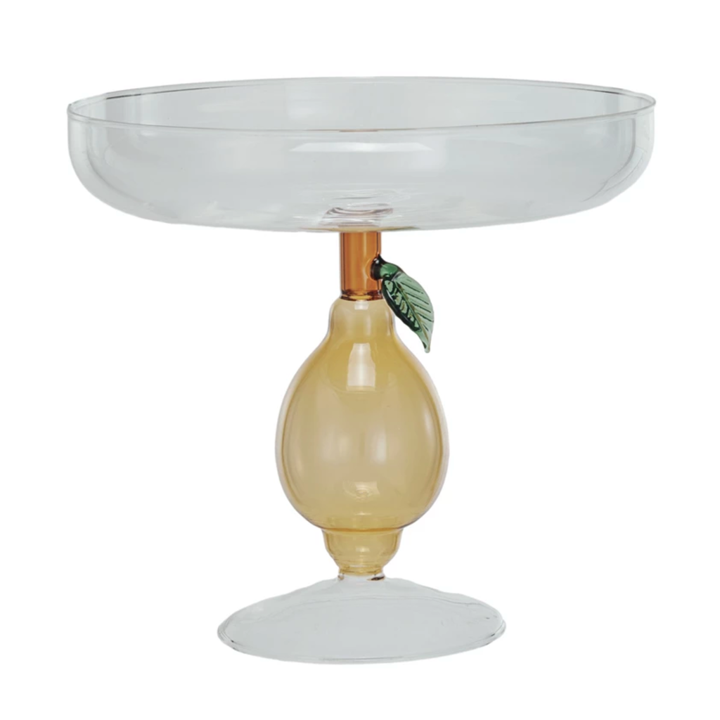 Glass Pedestal w/ Pear Shaped Base, Green & Amber Color